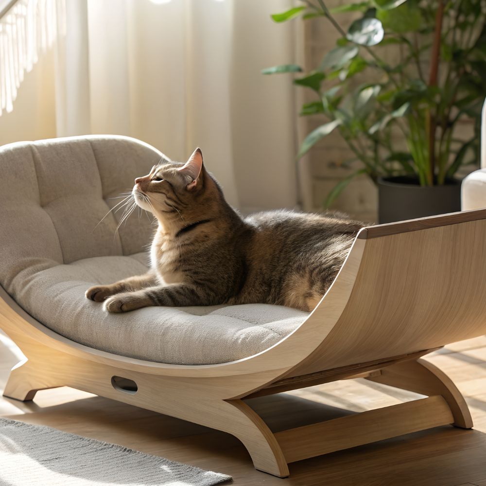 cat-relaxing-in-sunlight A cat laying on a wooden bed in a living room
