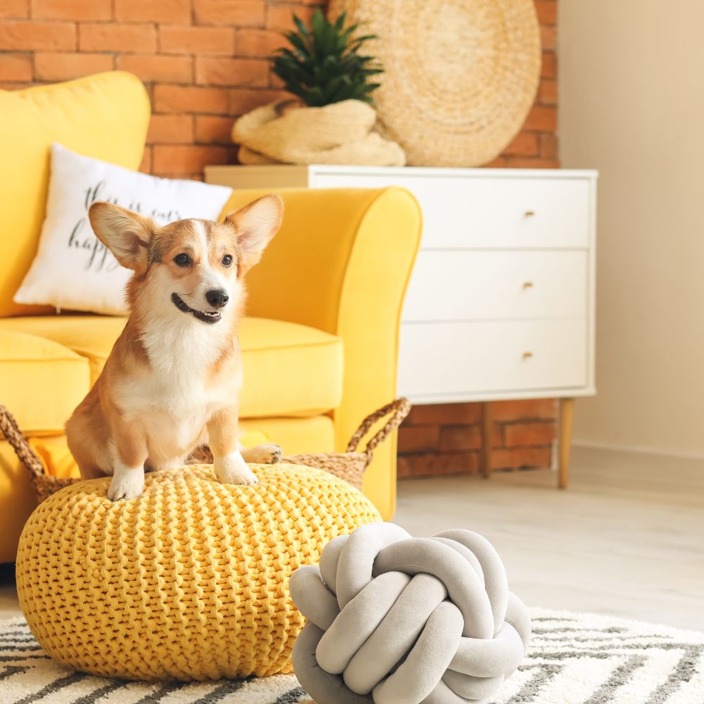 cute-dog-at-home a dog sitting on top of a yellow ball in a living room